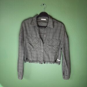 Double Agent Green Plaid Fringe Crop Flannel Top Size XS
